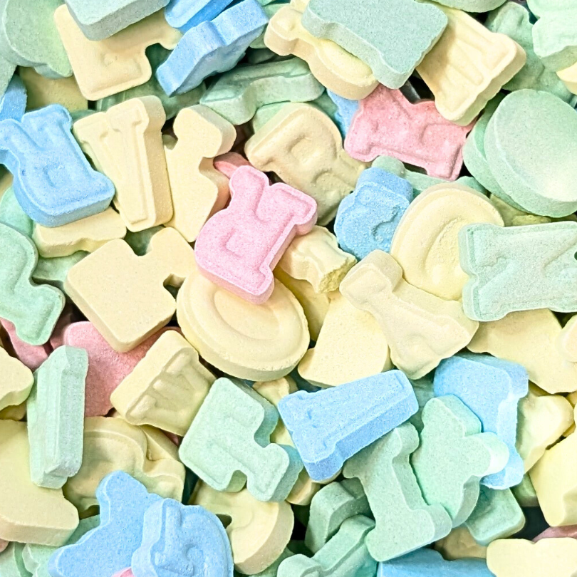 Buy ABC Hard Candy Letters from Joyofsweets.com | Multicoloured pieces of hard candy with delicious fruit flavours in the shape of the letters from the alphabet.