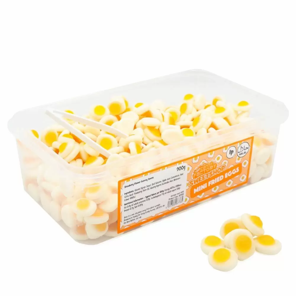 Buy Crazy Candy Factory Sweetshop Mini Fried Eggs Tub (900g) halal pick n mix sweets from Joyofsweets.com