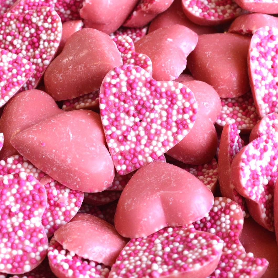 Pink Chocolate Hearts strawberry sweets candy pick n mix from joyofsweets.com